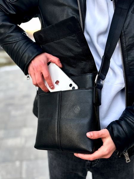 Сумка Magno, Чоловіча шкіряна сумка через плече 25 &times; 23 см, Натуральна шкіра, Чорна, На магнітах b1196 фото